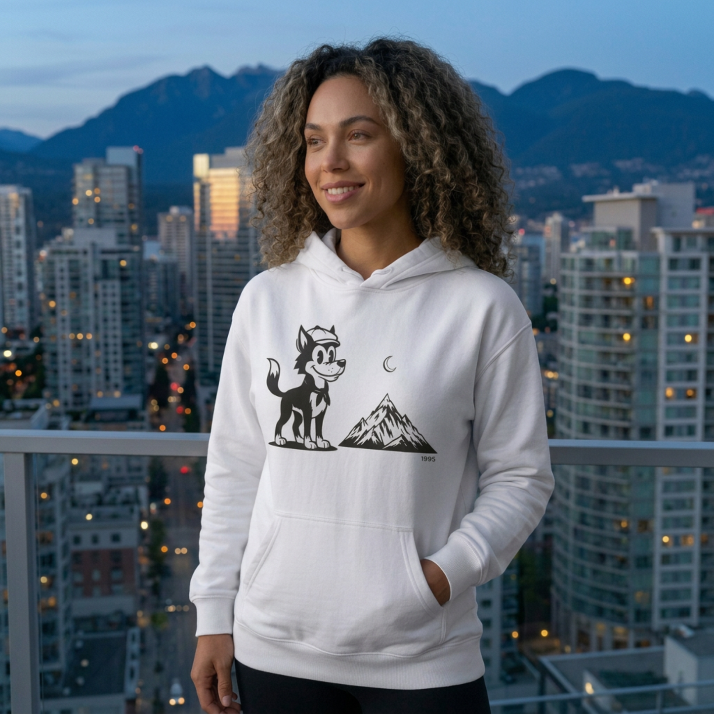 Retro Wolf Cartoon Hoodie | Mountain Moon Graphic Sweatshirt Unisex