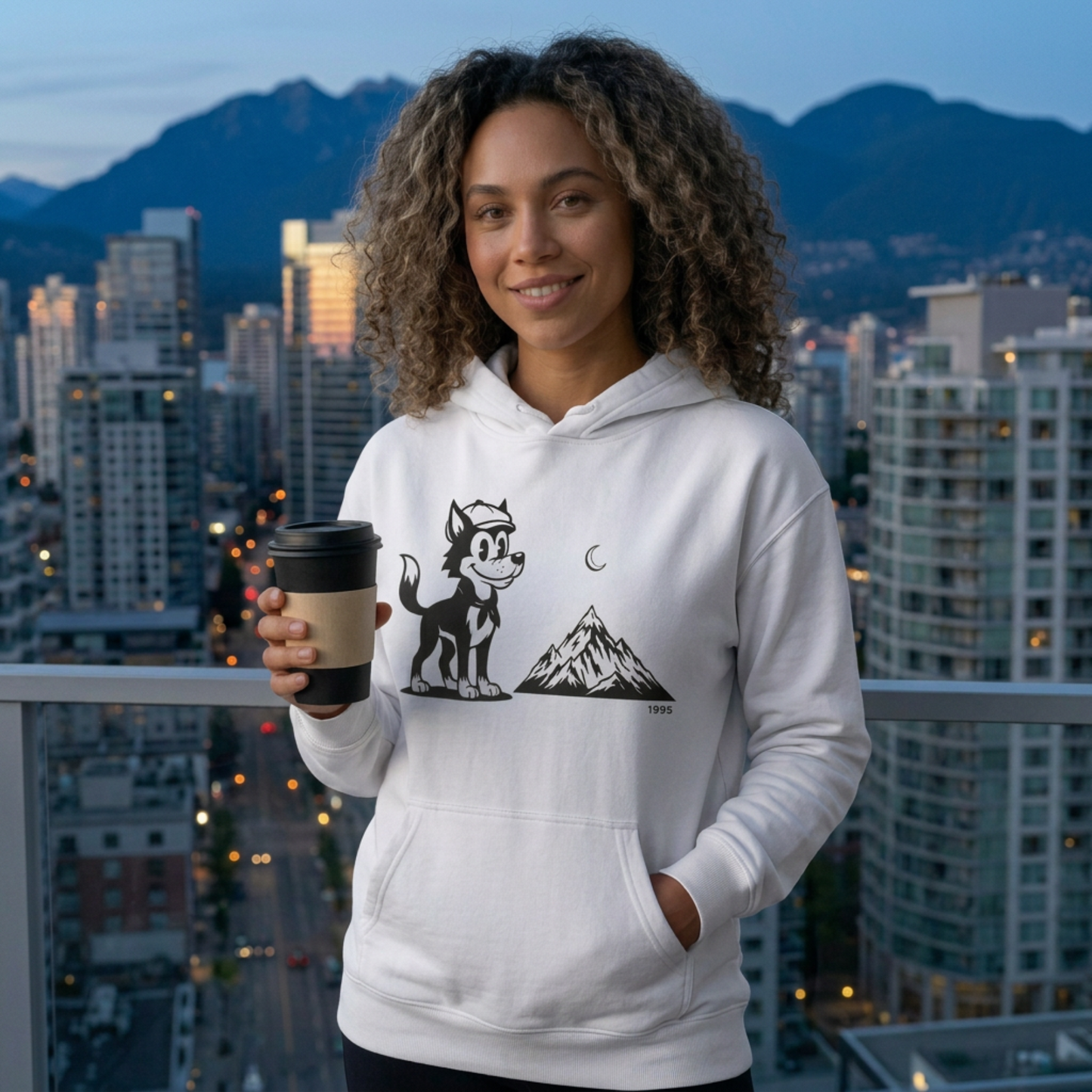 Retro Wolf Cartoon Hoodie | Mountain Moon Graphic Sweatshirt Unisex