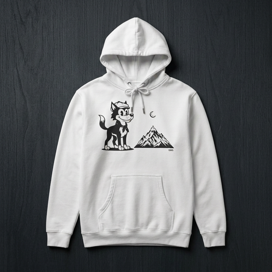 Retro Wolf Cartoon Hoodie | Mountain Moon Graphic Sweatshirt Unisex