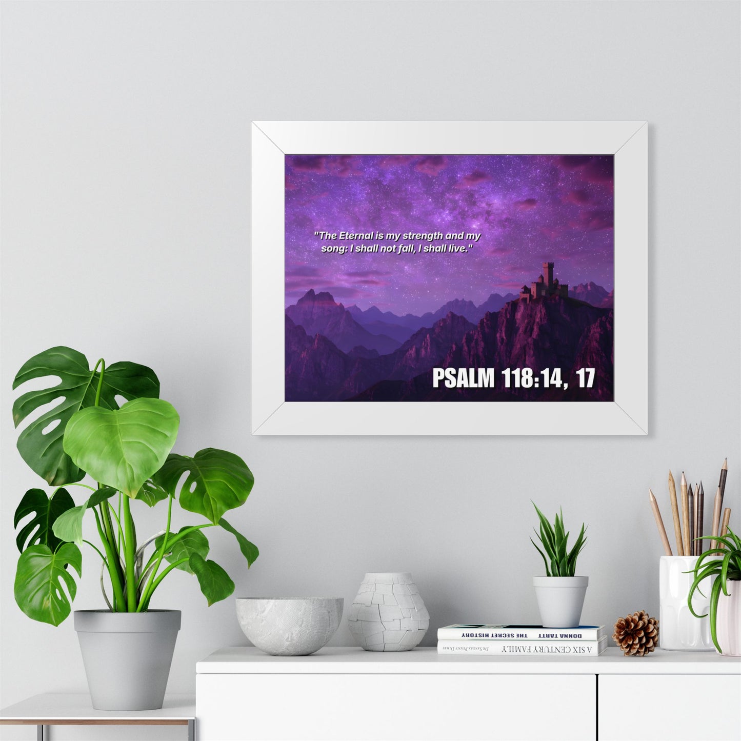 Framed Poster - Salmo 118:14,17 Purple Mountain Bible Verse Wall Art