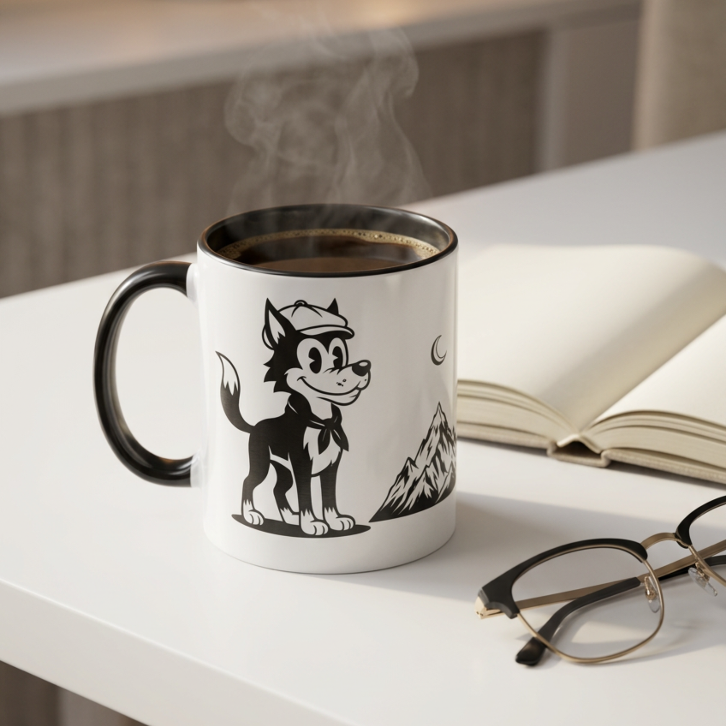 Retro Wolf Husky Mountain Illustration Mug | Accent Coffee Mug 11oz