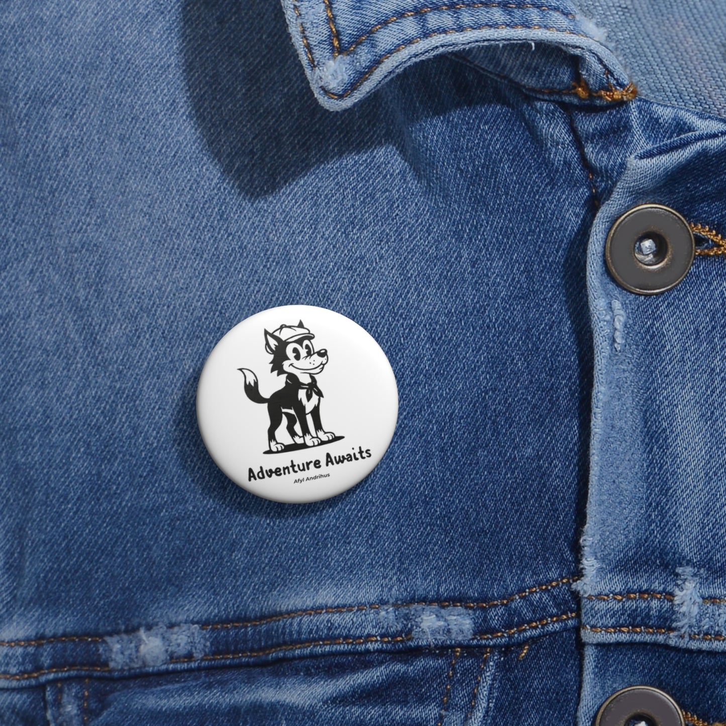 Adventure Awaits  Retro Wolf Pin Button — Vintage Black & White Metal Lapel Pin