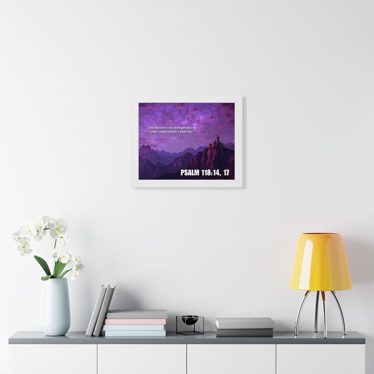 Framed Poster - Salmo 118:14,17 Purple Mountain Bible Verse Wall Art