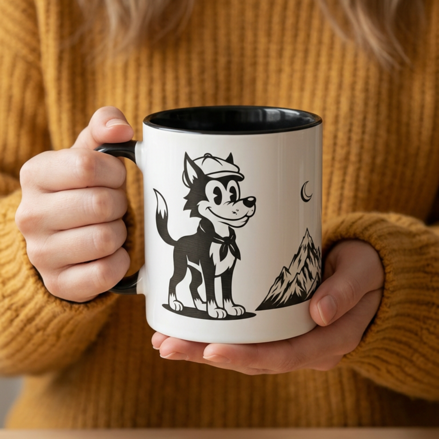 Retro Wolf Husky Mountain Illustration Mug | Accent Coffee Mug 11oz