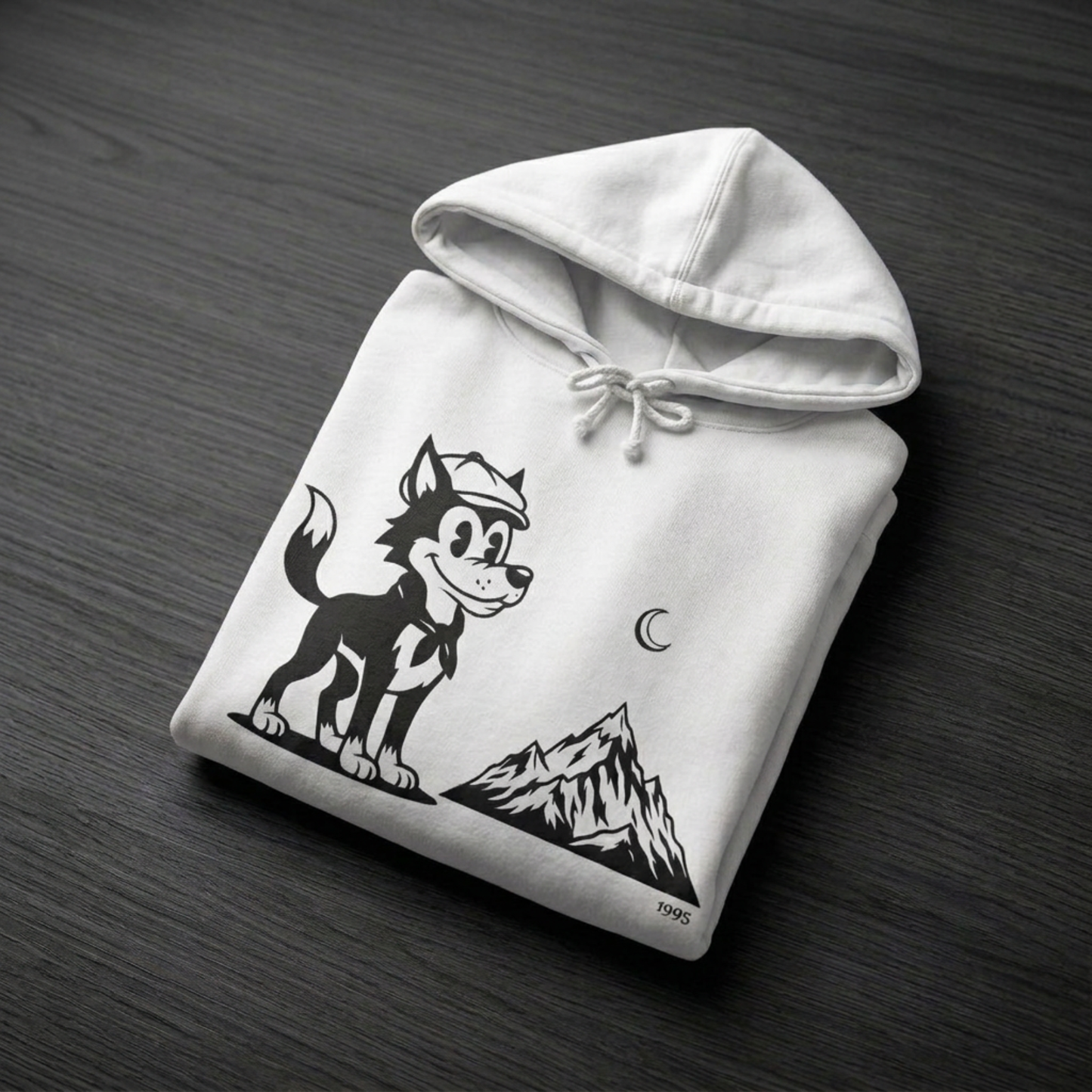 Retro Wolf Cartoon Hoodie | Mountain Moon Graphic Sweatshirt Unisex