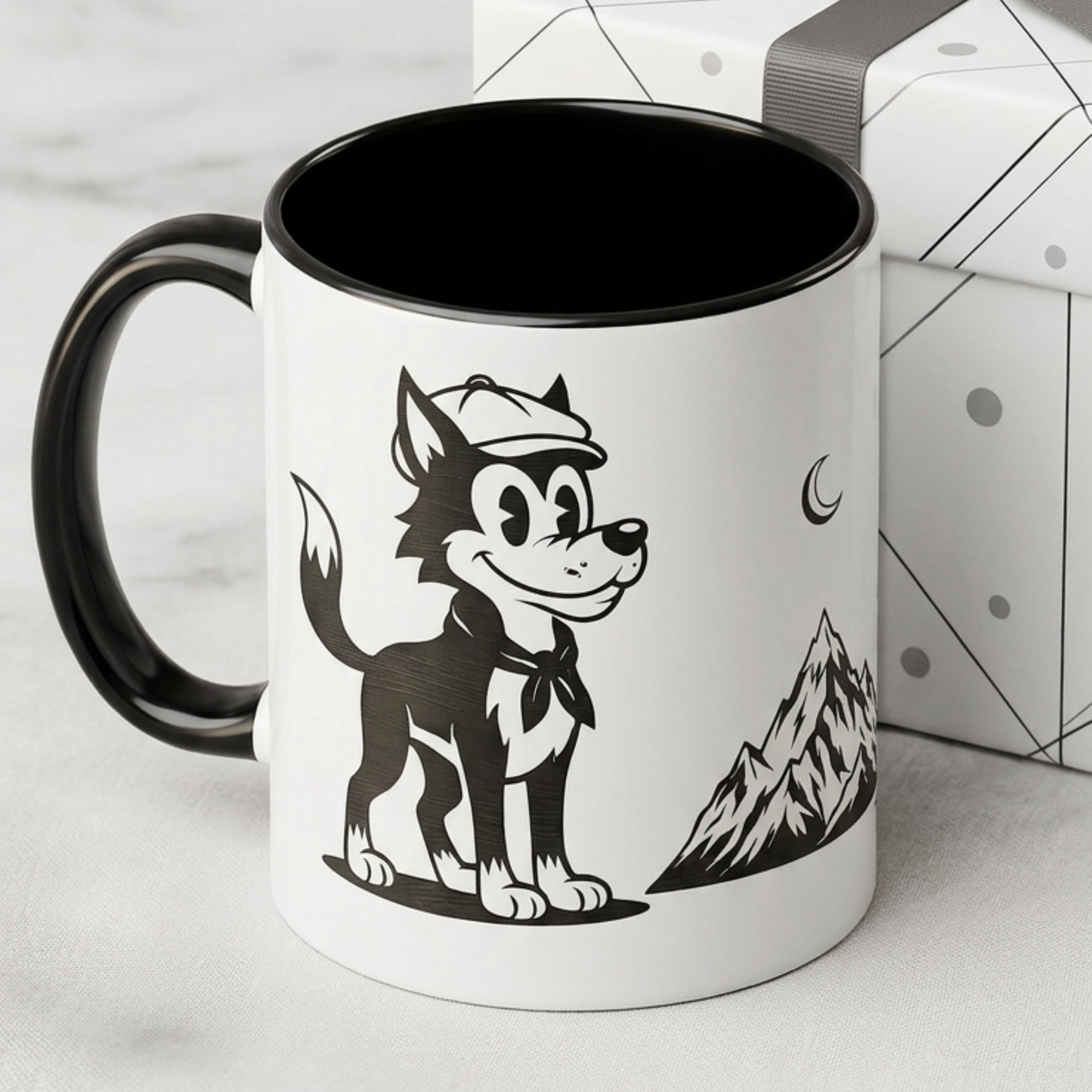 Retro Wolf Husky Mountain Illustration Mug | Accent Coffee Mug 11oz
