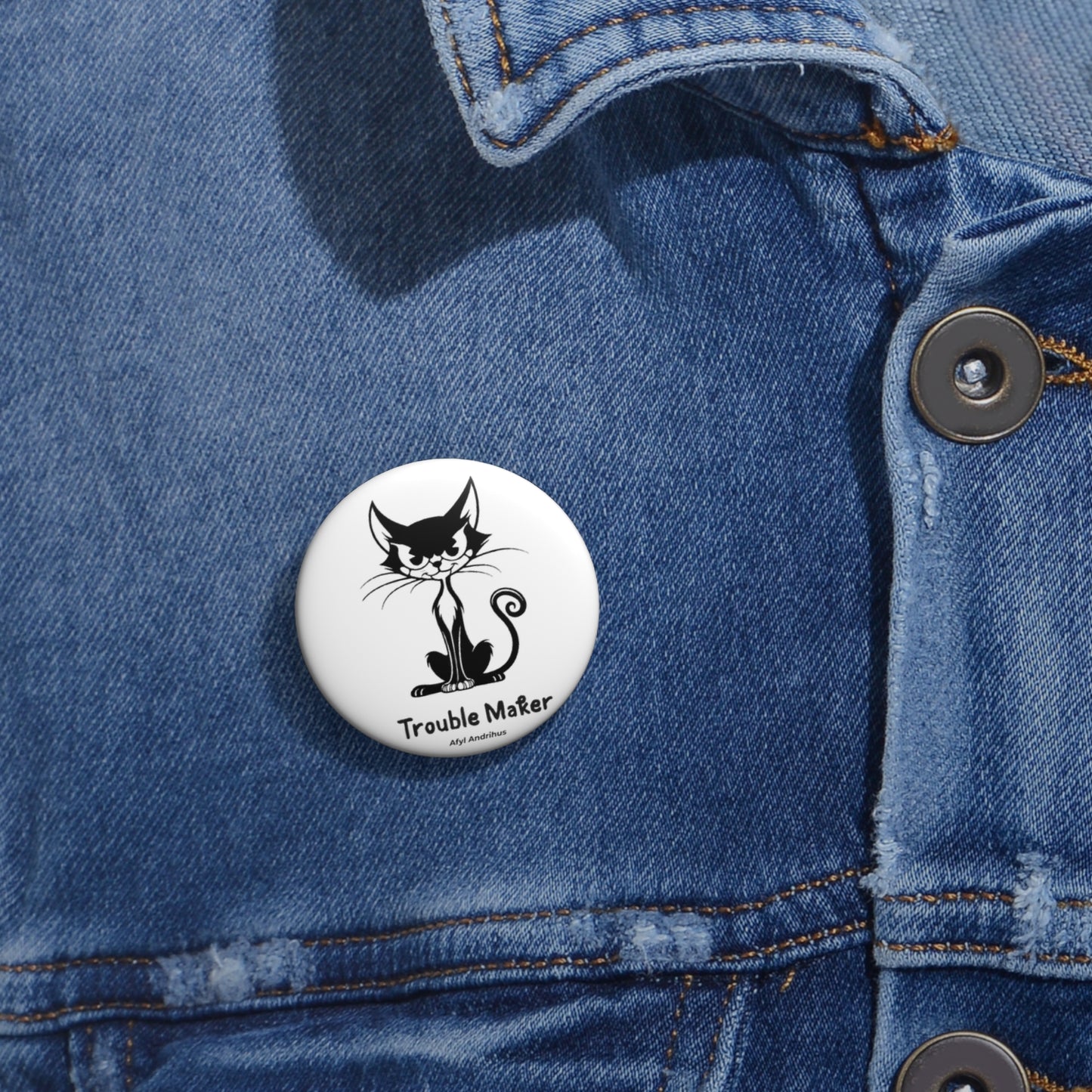 Trouble Maker Cat Pin Button — Retro Black Cat Cartoon Badge