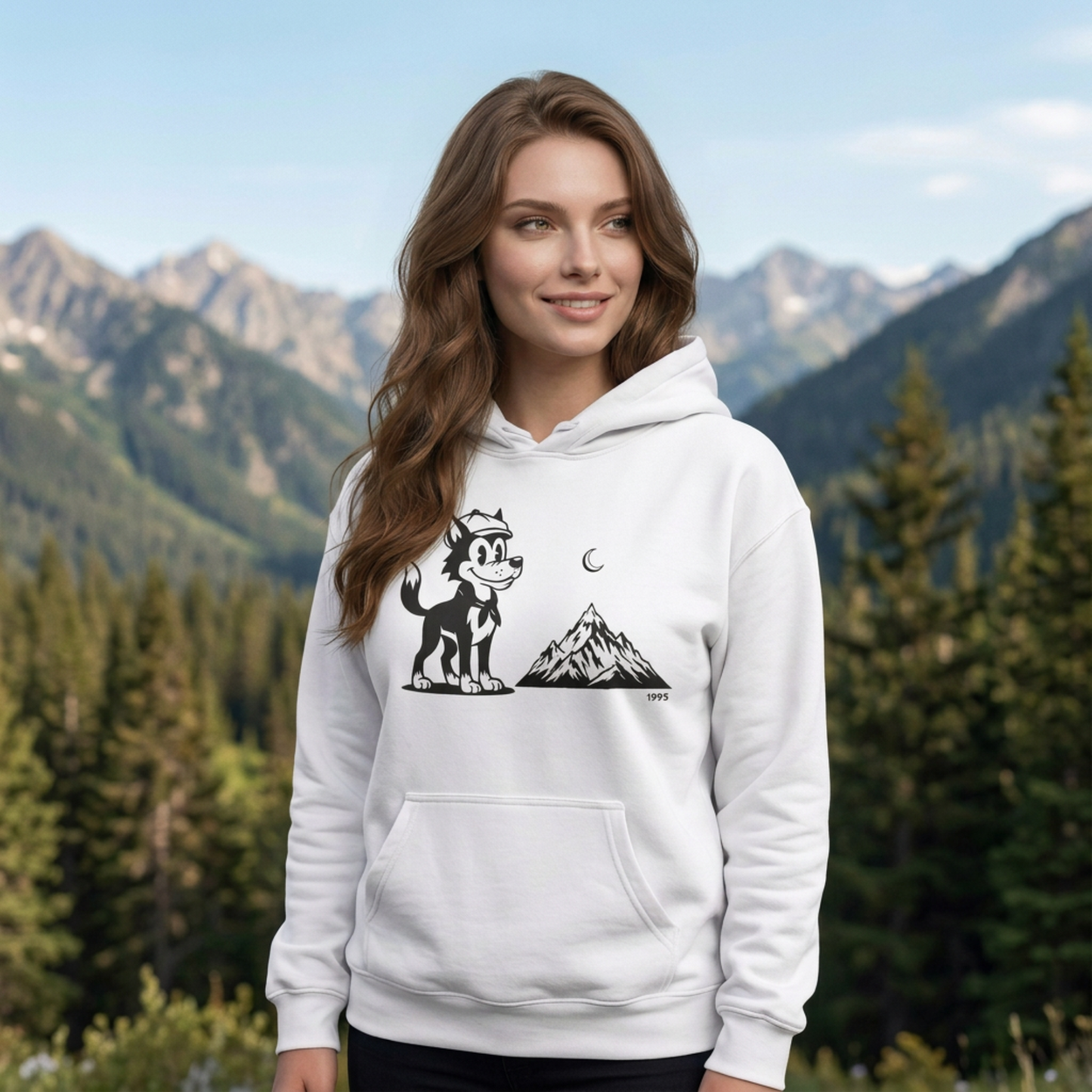 Retro Wolf Cartoon Hoodie | Mountain Moon Graphic Sweatshirt Unisex