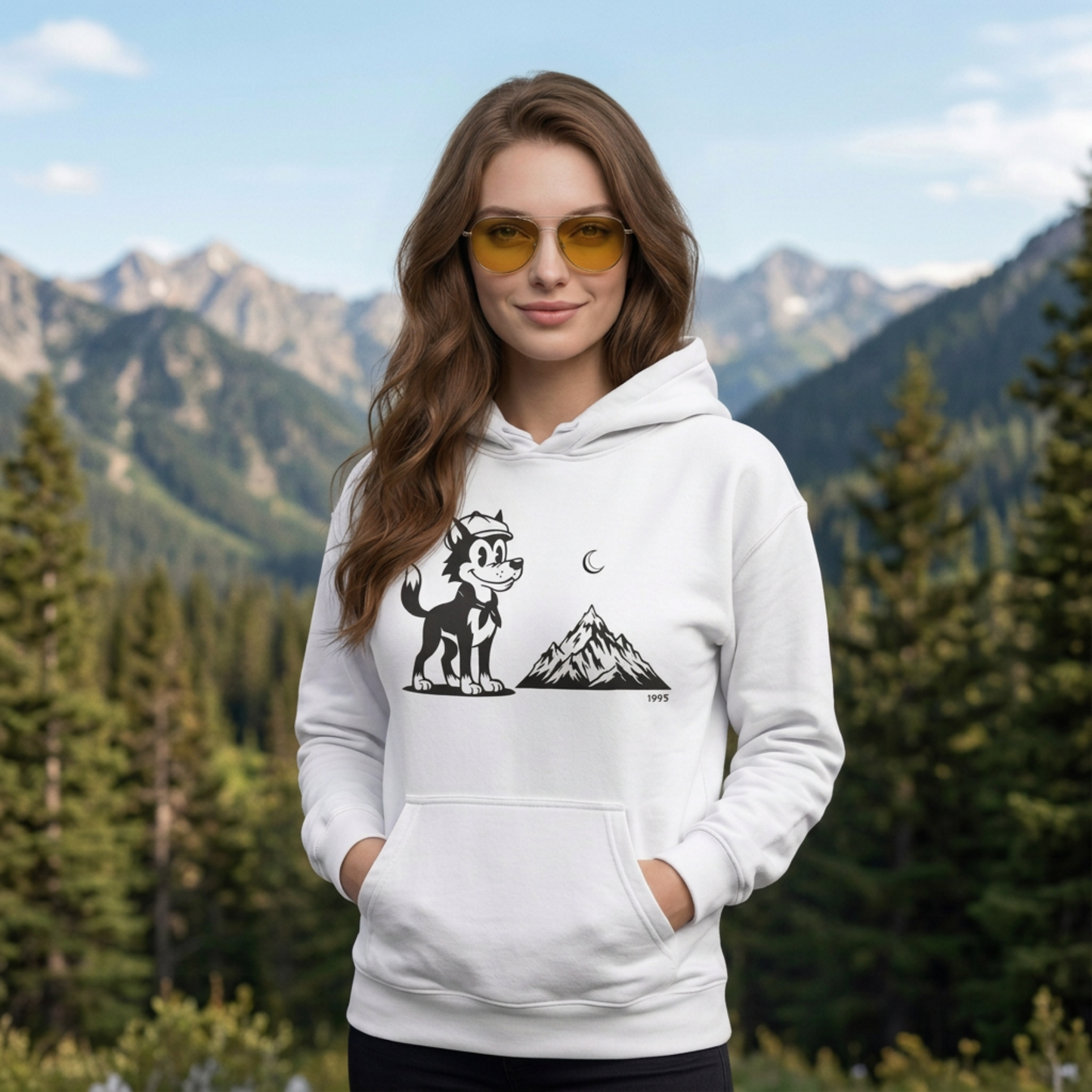 Retro Wolf Cartoon Hoodie | Mountain Moon Graphic Sweatshirt Unisex