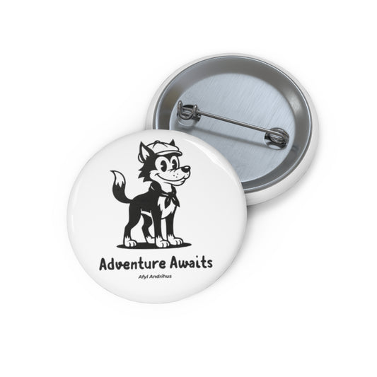 Adventure Awaits  Retro Wolf Pin Button — Vintage Black & White Metal Lapel Pin