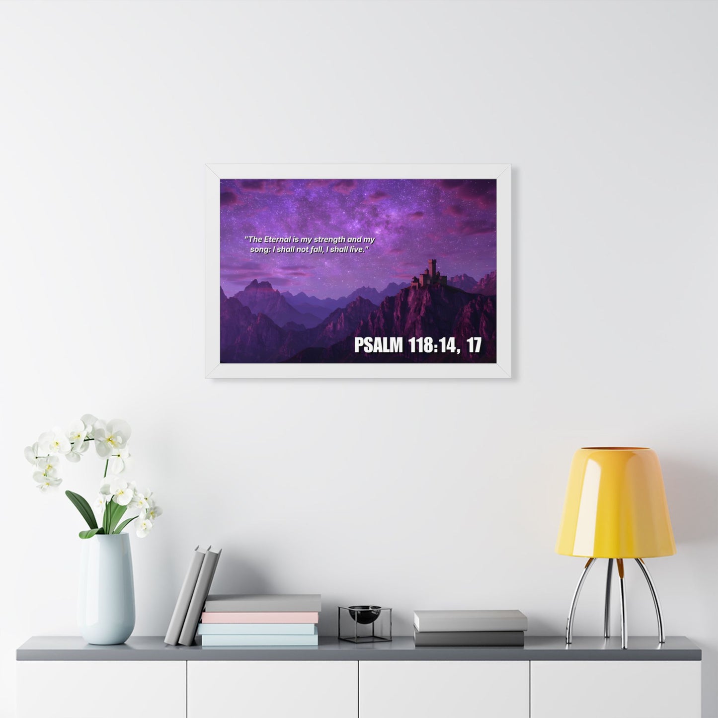 Framed Poster - Salmo 118:14,17 Purple Mountain Bible Verse Wall Art