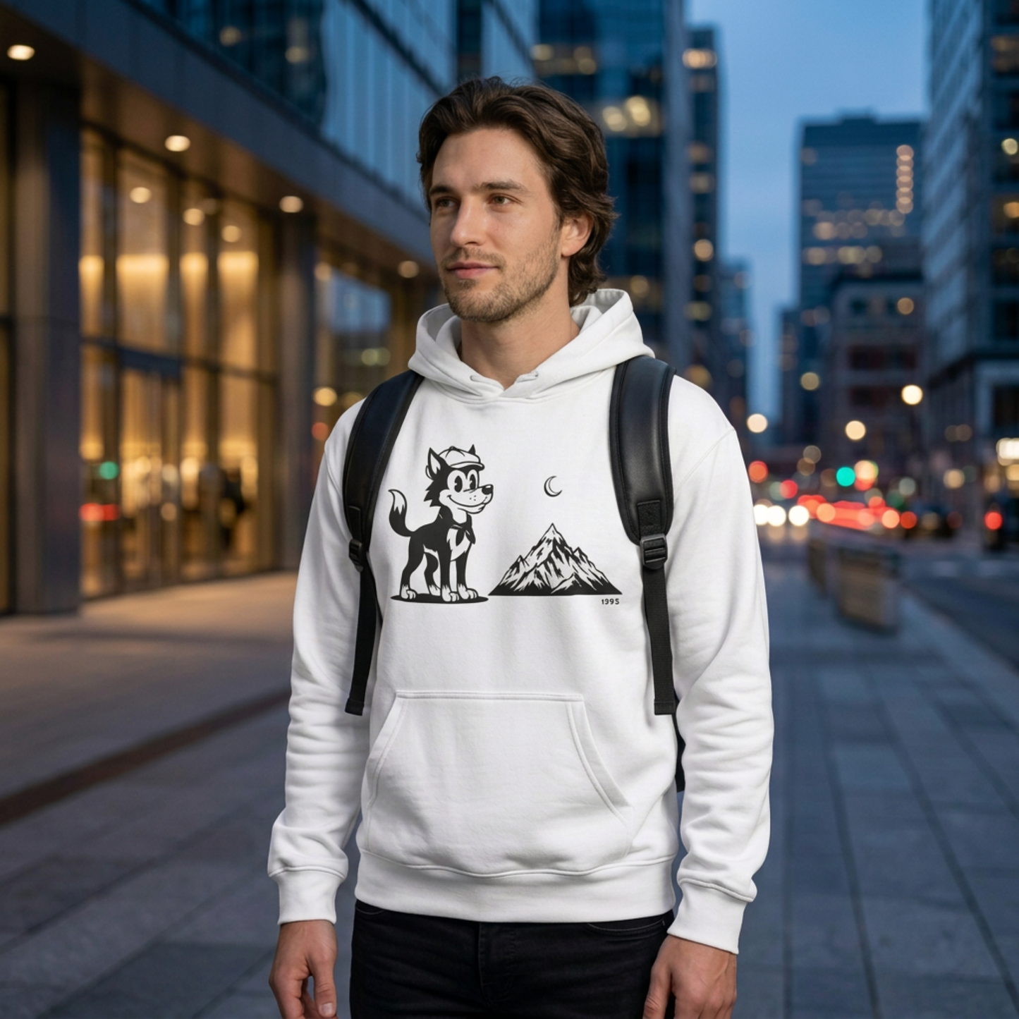 Retro Wolf Cartoon Hoodie | Mountain Moon Graphic Sweatshirt Unisex