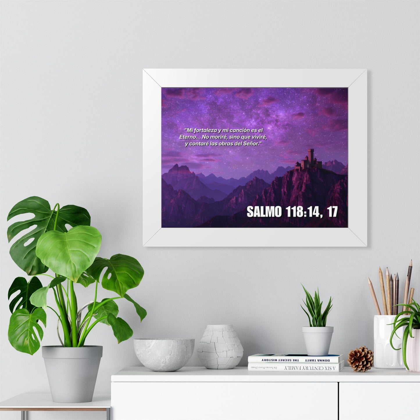 Framed Poster - Salmo 118:14,17 Spanish Purple Mountain Bible Verse Wall Art